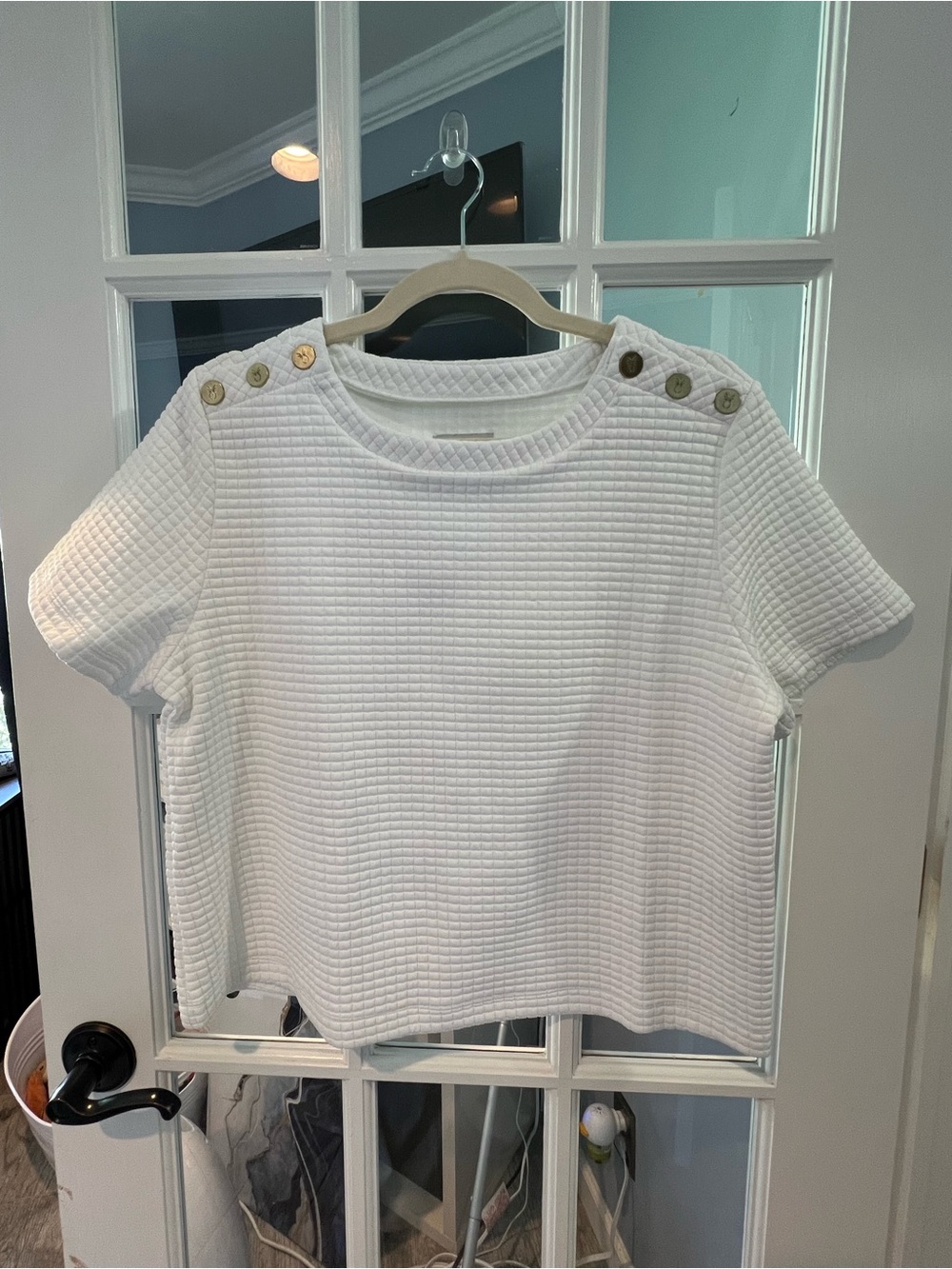Dudley Stephens White Waffle Short-Sleeve Top with Gold Buttons